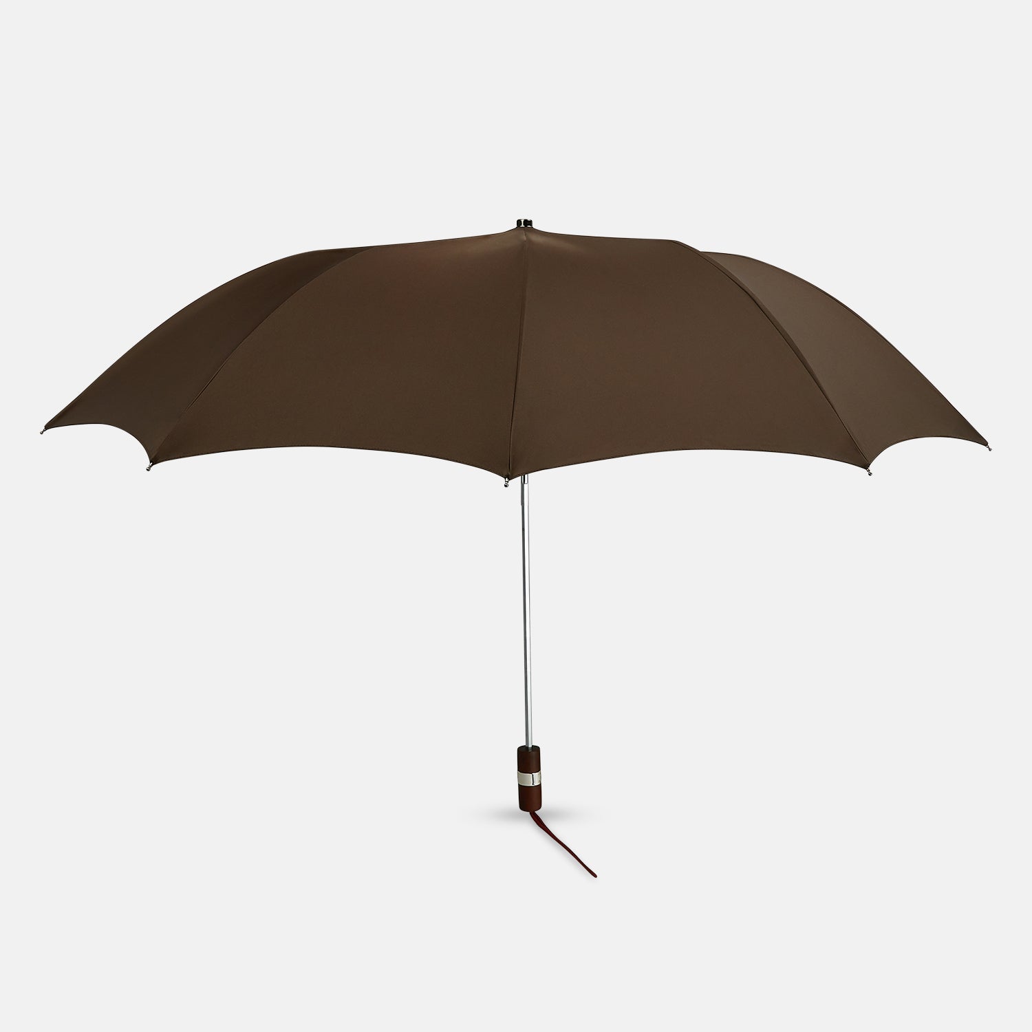 View 1 of product The Turnbull & Asser Brown Telescopic Umbrella features a brown maple handle and silver metal shaft—an elegant choice for men.