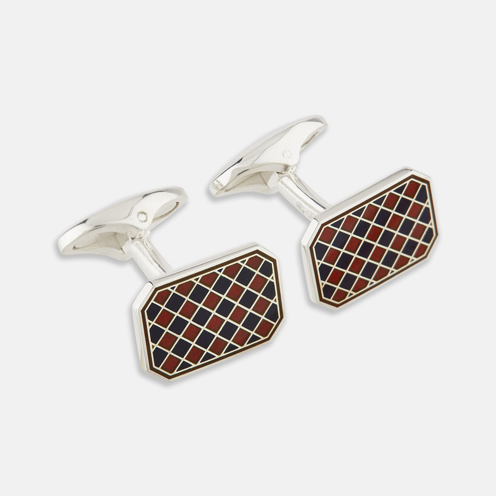 Turnbull & Asser Burgundy and Navy Checkered Rectangular Enamel Cufflinks boast a refined rectangular design with an enamel checkered pattern, reflecting artisanal mastery and timeless masculine elegance.