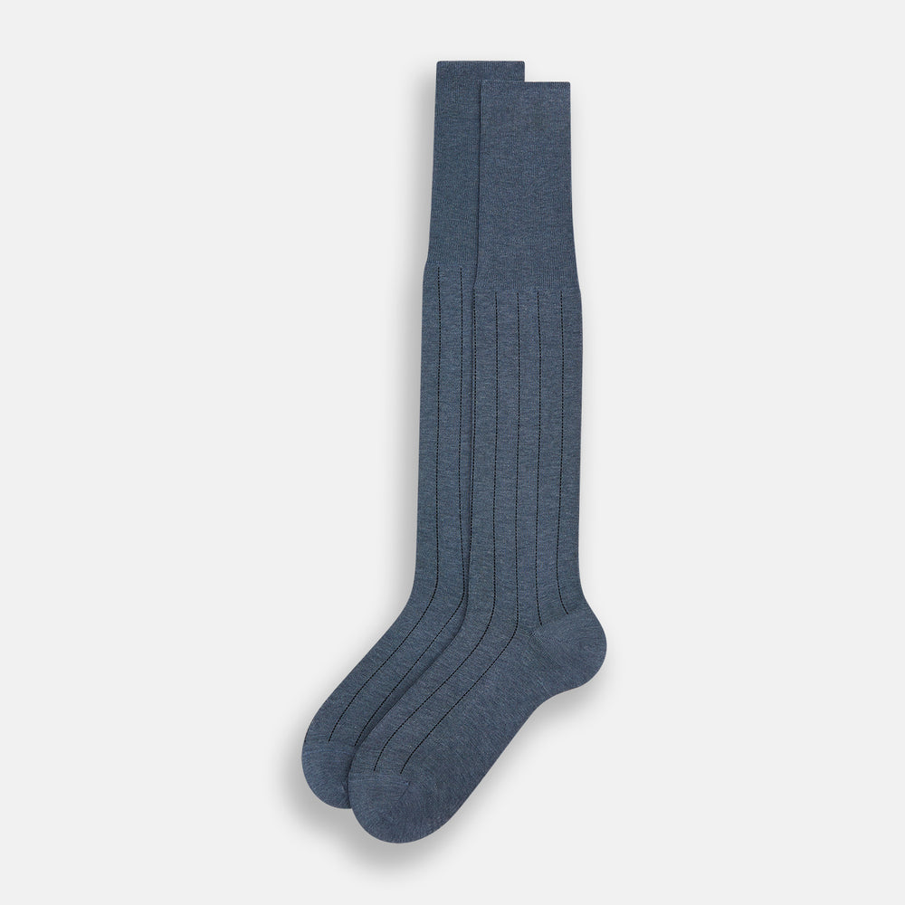 The Ash Dash Striped Long Sock by Turnbull & Asser—a single knee-high, dark blue over-the-calf sock with ribbed texture—is displayed on a plain, light background.