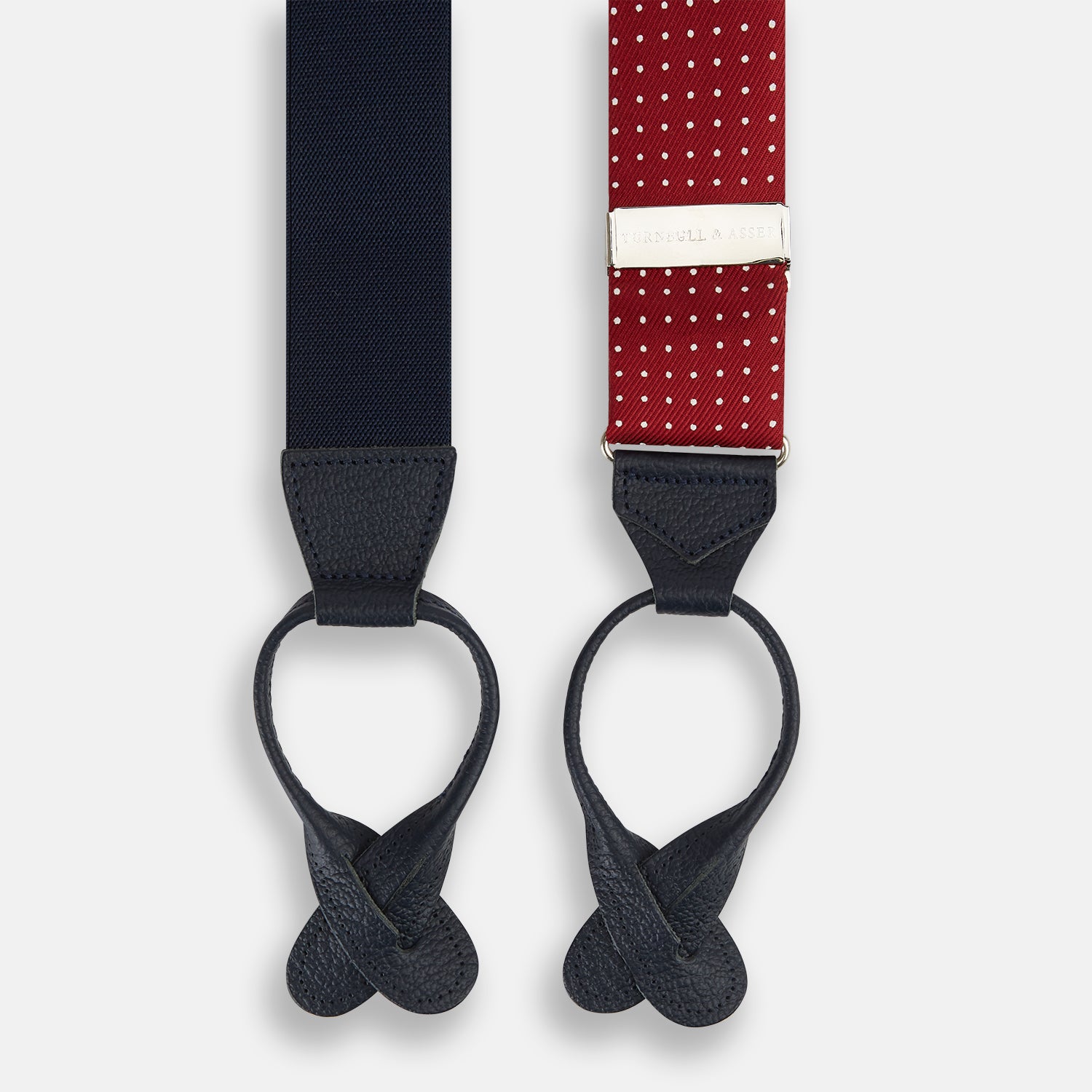 Image 2 of product Burgundy and White Small Spot Adjustable Silk and Navy Leather Braces