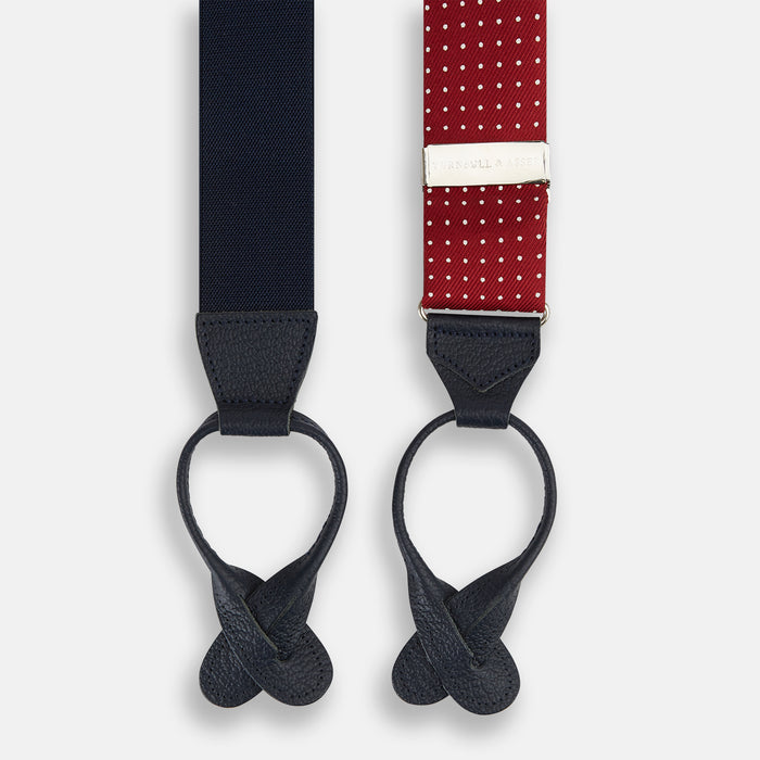 Burgundy and White Small Spot Adjustable Silk and Navy Leather Braces Image 1