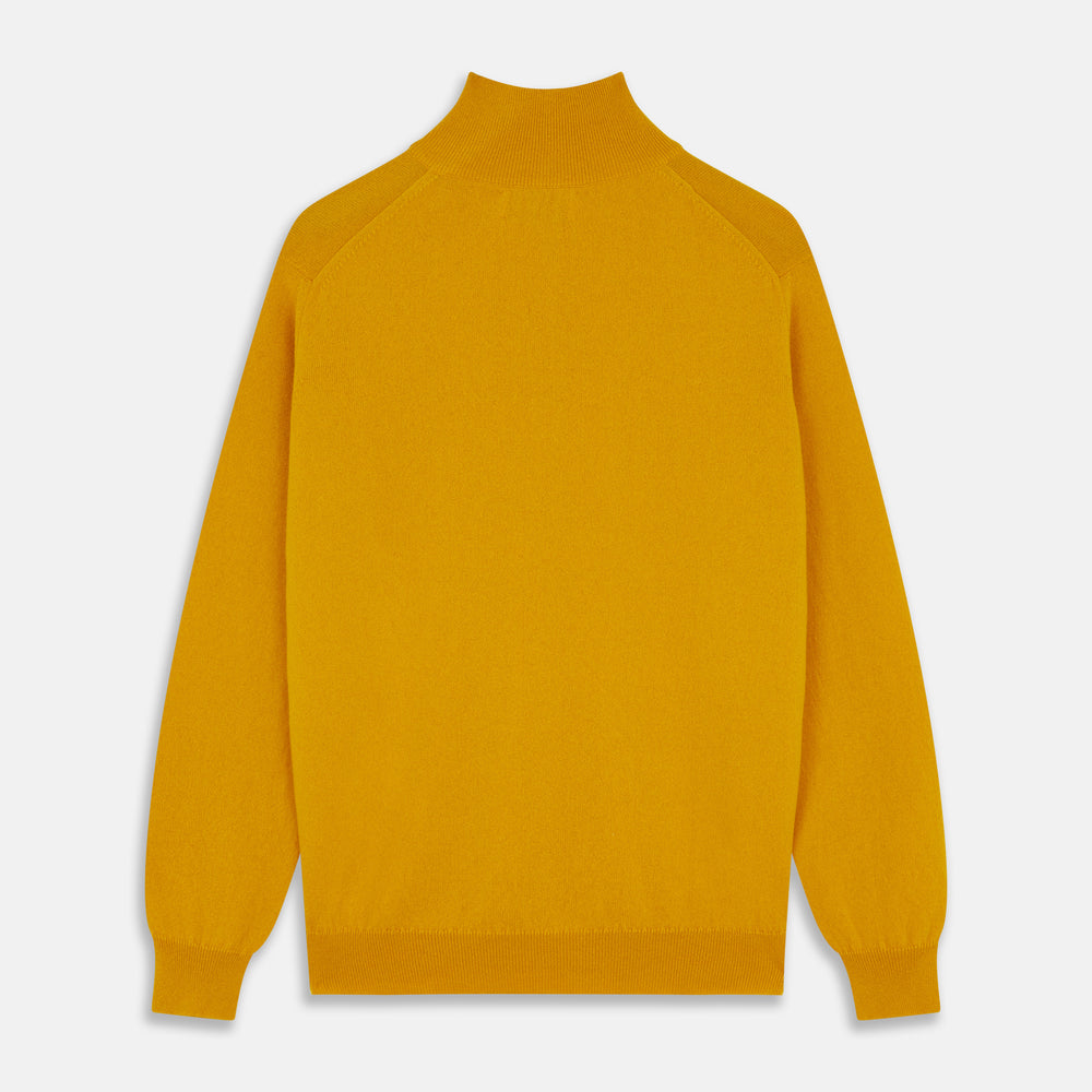 The Gold Lennox Cashmere Half-Zip Jumper by Turnbull & Asser features a high collar and is shown in mustard yellow, laid flat on a white background.