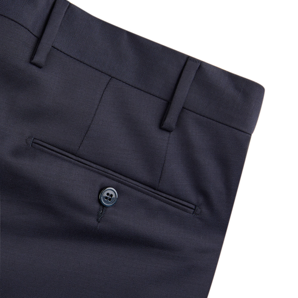 Turnbull & Asser Navy Cotton Trousers shown on a white background, offering a slim fit with front button and zip closure and pressed center creases.