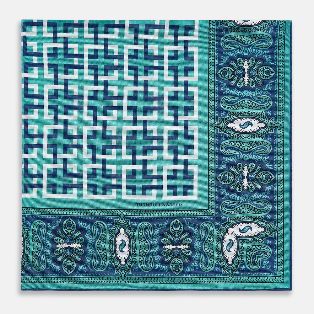 Turquoise Square-Patterned and Paisley Silk Pocket Square