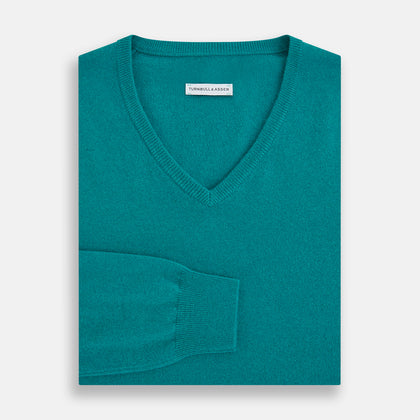 Turquoise Cashmere V-neck Jumper Image 3