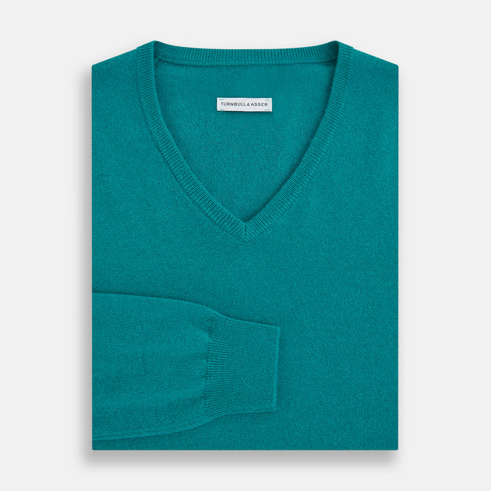 Turquoise Cashmere V-neck Jumper Image 3