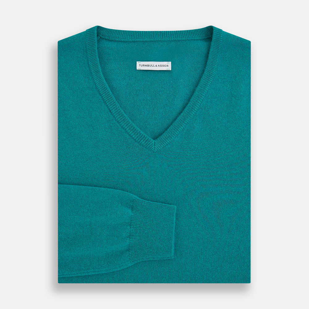 Turquoise Cashmere V-neck Jumper