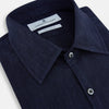 View 2 of product The Navy Linen Westminster Shirt by Turnbull & Asser features a classic collar and buttoned cuffs, exemplifying British craftsmanship. Shown here in long sleeves, the shirt is displayed flat against a white background.