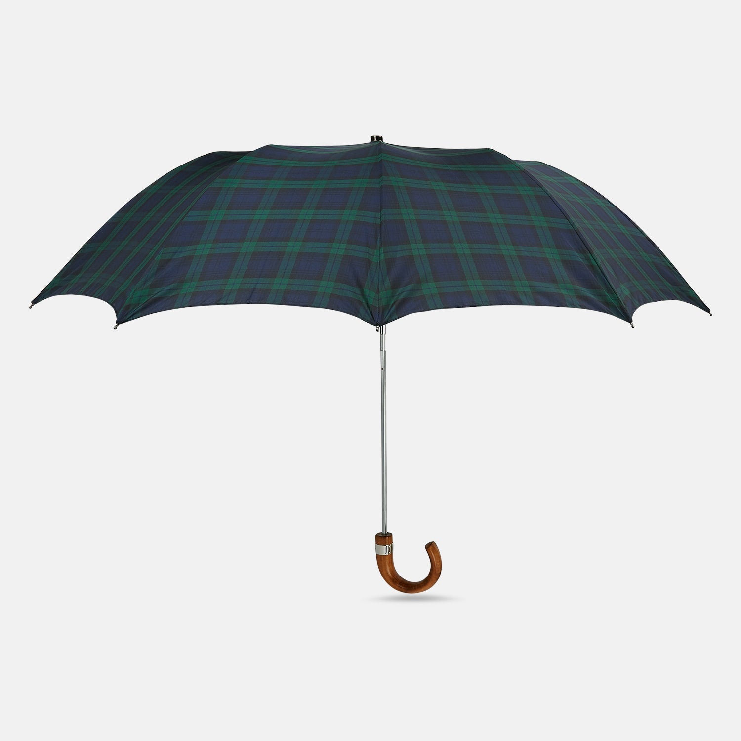 View 1 of product The Turnbull & Asser Black Watch Tartan Telescopic Umbrella features a green and blue plaid pattern and a whangee crook handle, offering classic luxury against a plain white background.