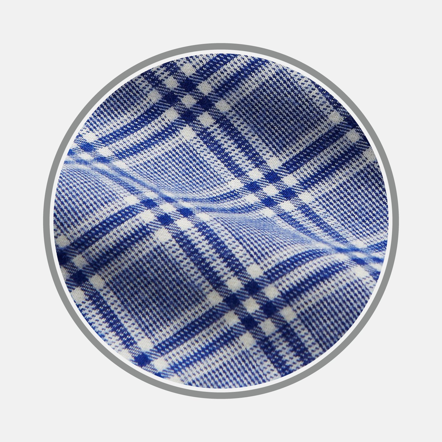 View 1 of product Close-up of Turnbull & Asser Blue Check Cotton Fabric, featuring a woven blue and white plaid pattern with intersecting lines and small white squares, displayed within a circular frame.