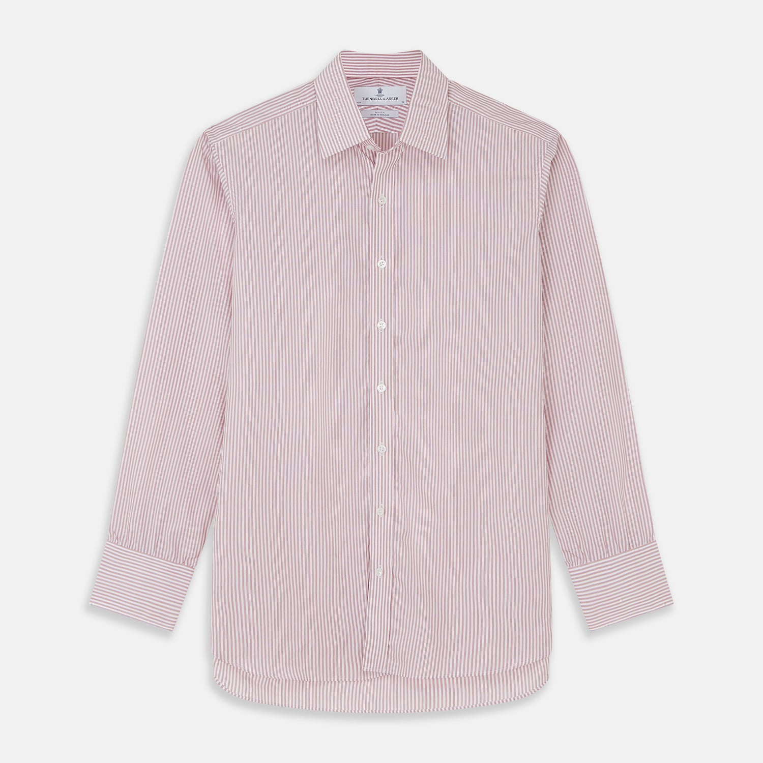 View 1 of product The Turnbull & Asser Burgundy Stripe West Indian Sea Island Cotton Regular Fit Mayfair Shirt features thin vertical red and white stripes, a classic collar, and long sleeves, shown on a plain white background.