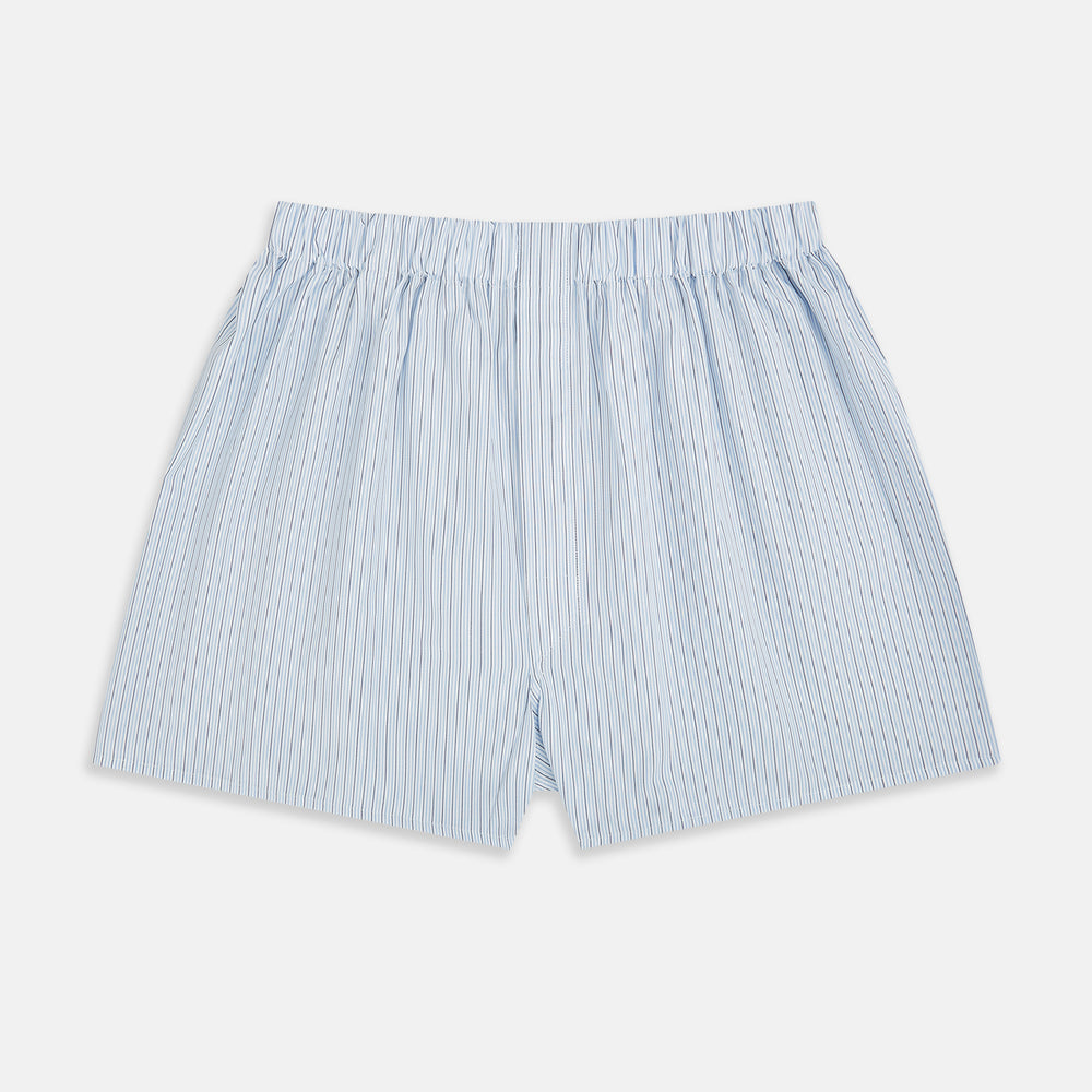 Light Blue Multi Stripe Godfrey Boxer Shorts by Turnbull & Asser, crafted from premium Italian cotton with an elastic waistband, shown laid flat on a white background.