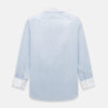 View 3 of product The Turnbull & Asser Sky Blue Hairline Multi Stripe Shirt features a contrast T&A collar and cuffs in white, Mayfair fit, and front buttons, displayed on a plain white background.