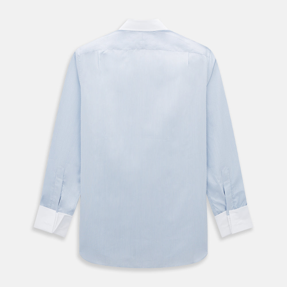 The Turnbull & Asser Sky Blue Hairline Multi Stripe Shirt features a contrast T&A collar and cuffs in white, Mayfair fit, and front buttons, displayed on a plain white background.