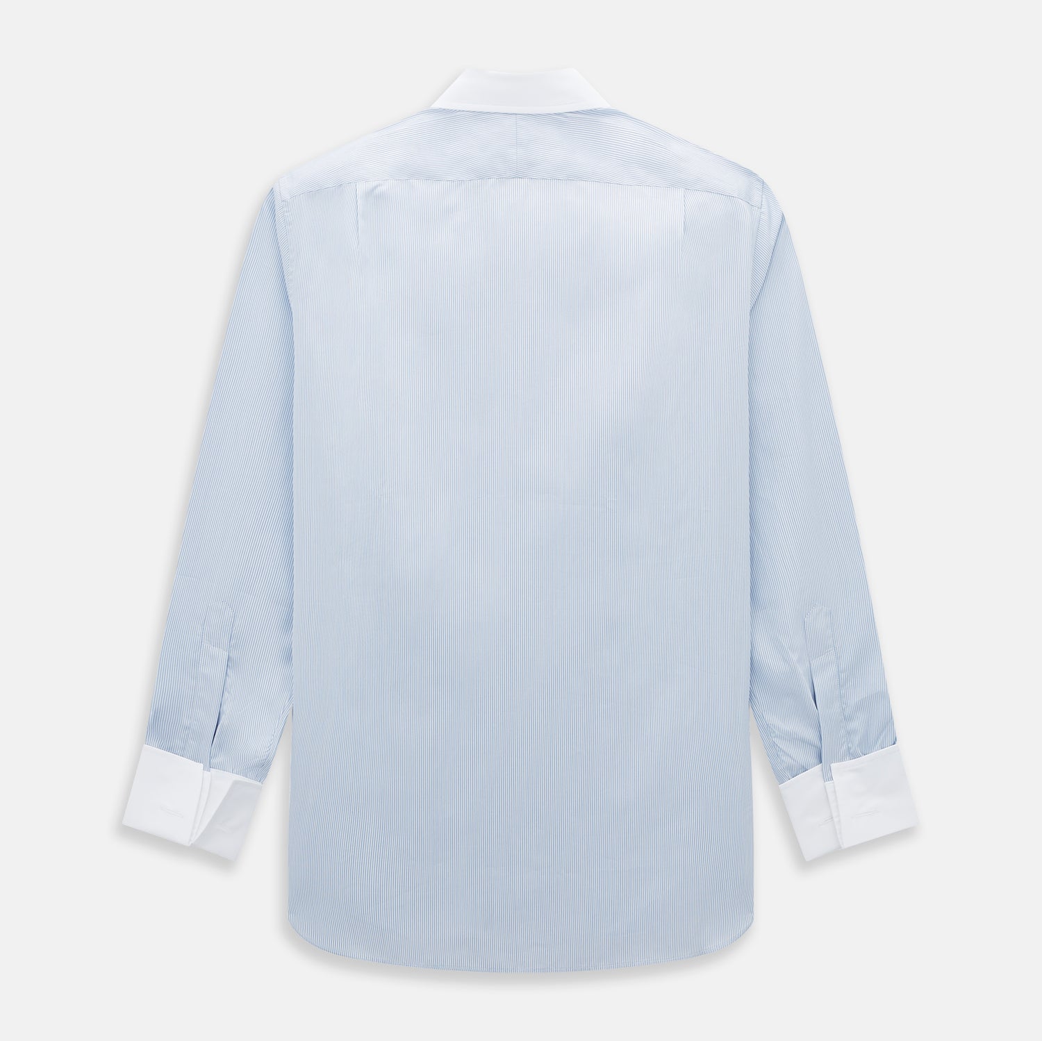 View 3 of product The Turnbull & Asser Sky Blue Hairline Multi Stripe Shirt features a contrast T&A collar and cuffs in white, Mayfair fit, and front buttons, displayed on a plain white background.