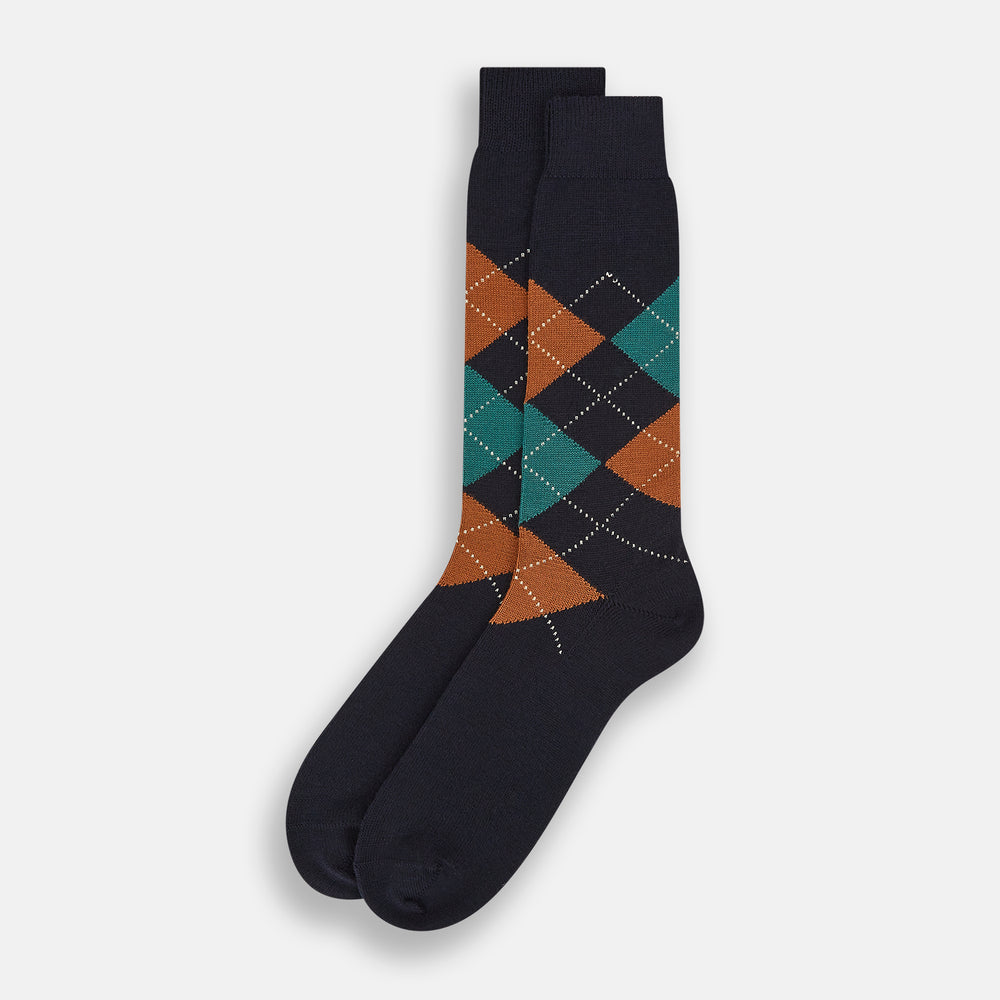 The Turnbull & Asser Navy/Green/Orange Wool Check Mid-Length Sock features a stylish check pattern and is shown on a white background.
