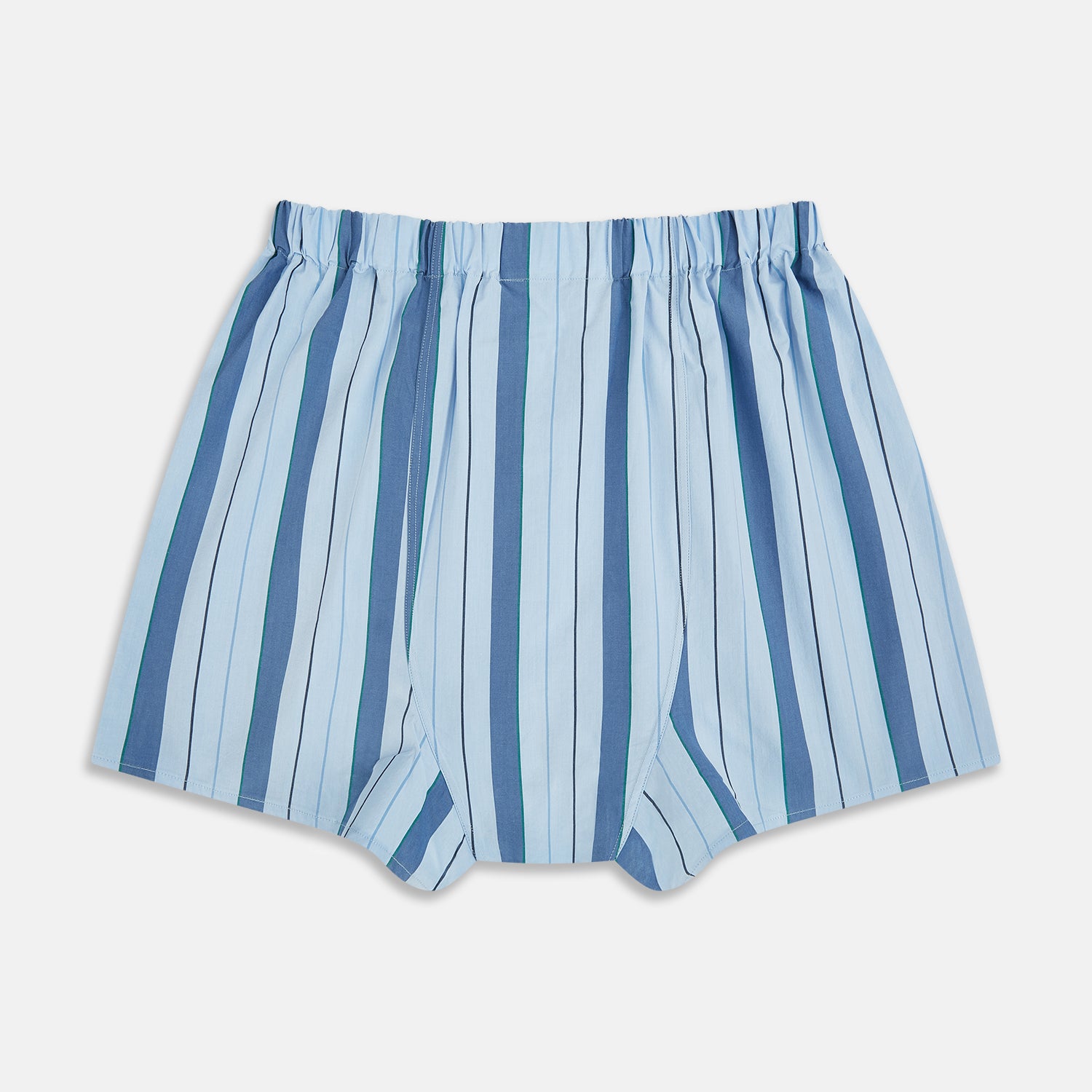 View 2 of product Turnbull & Asser’s Blue Blazer Stripe Godfrey Boxer Shorts are crafted from premium Italian cotton with vertical blue stripes on white and a comfortable elastic waistband—a refined choice in luxury men’s underwear.