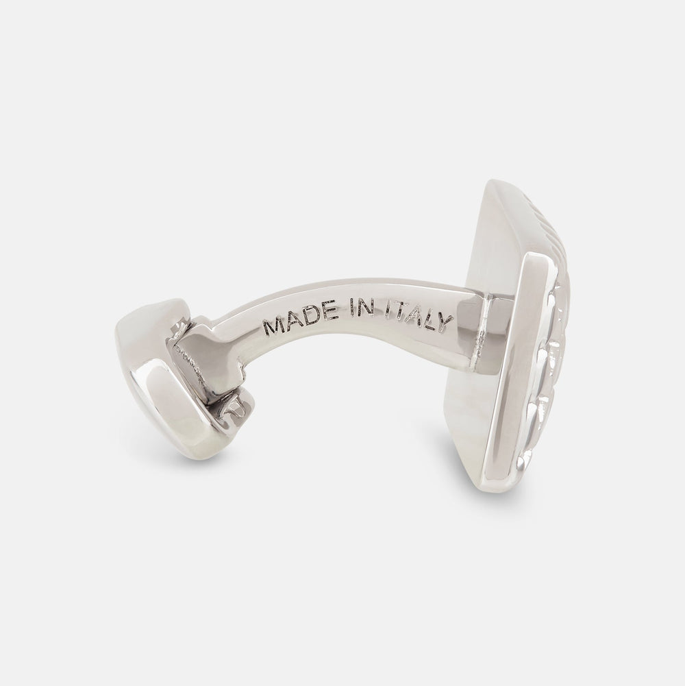 Turnbull & Asser Silver Basketweave Rectangular Cufflinks feature a striking basketweave design on the front and are showcased on a white background.