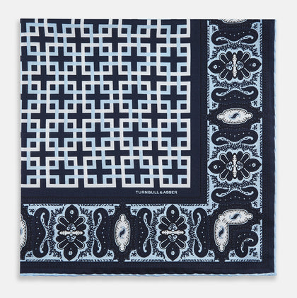 Navy Square-Patterned and Paisley Patterned Silk Pocket Square Image 7