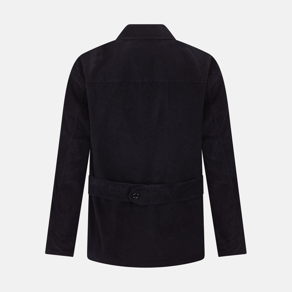 The Navy Kingston Corduroy Caban Jacket by Turnbull & Asser features six front buttons, a notched collar, chest pocket, and buttoned cuffs, showcased against a plain white background.