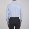 View 6 of product The Turnbull & Asser Light Blue Bengal Stripe Shirt features a classic T&A collar, double cuffs, and white buttons. Made from cotton with blue and white stripes, it's neatly displayed against a plain white background.