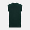View 3 of product The Forest Green Cashmere Sleeveless Cardigan by Turnbull & Asser features a V-neck, button-down front, ribbed hem and armholes, and two front pockets—an elegant menswear staple shown on a plain white background.