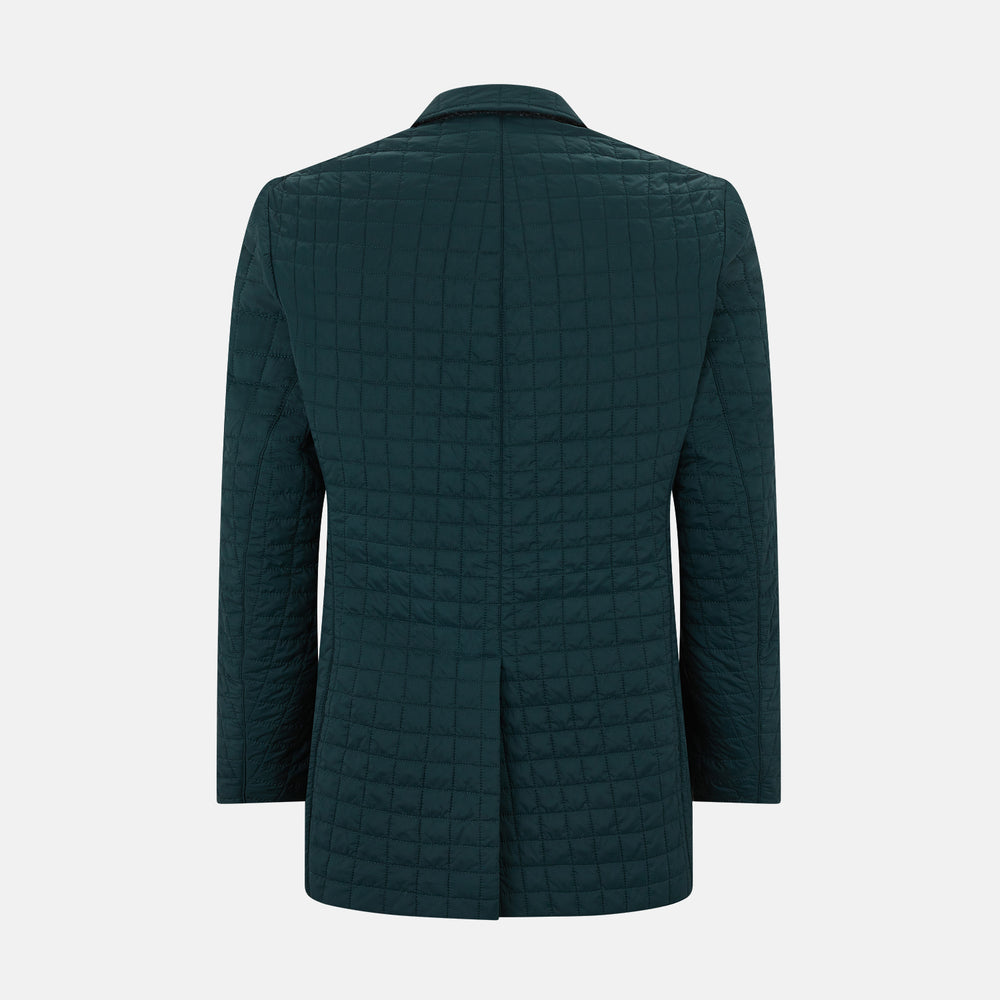 The Turnbull & Asser Fulham Forest Green Single-Breasted Quilted Blazer features a three-button front, notched lapels, chest pocket, and two front flap pockets—an elegant choice for the modern gentleman on a plain white background.