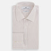 View 5 of product The Turnbull & Asser Burgundy Multi Hairline Stripe Mayfair Shirt features long sleeves, a classic collar, buttoned cuffs, and slim vertical stripes—ideal for formal wear and shown against a plain white background.