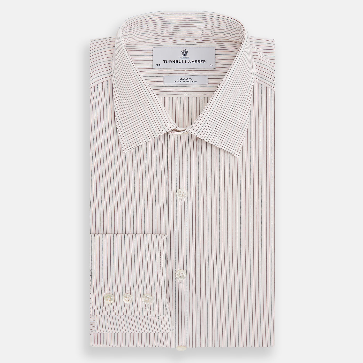 View 5 of product The Turnbull & Asser Burgundy Multi Hairline Stripe Mayfair Shirt features long sleeves, a classic collar, buttoned cuffs, and slim vertical stripes—ideal for formal wear and shown against a plain white background.