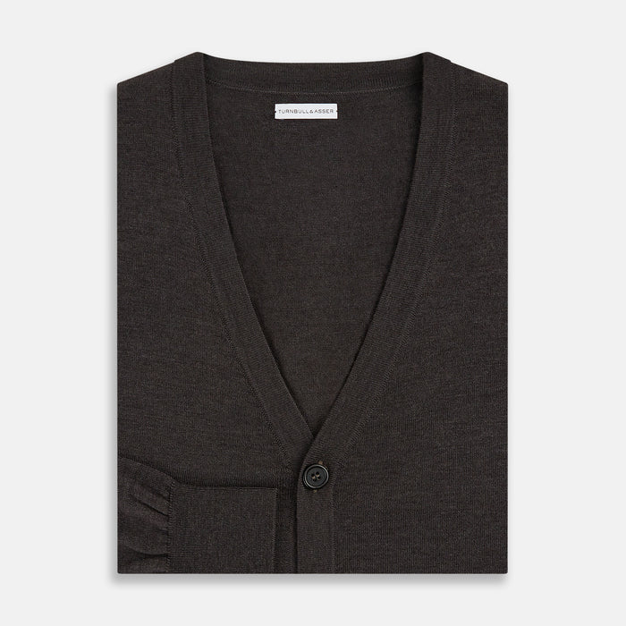 Brown Fine Merino V-Neck Cardigan Image 3