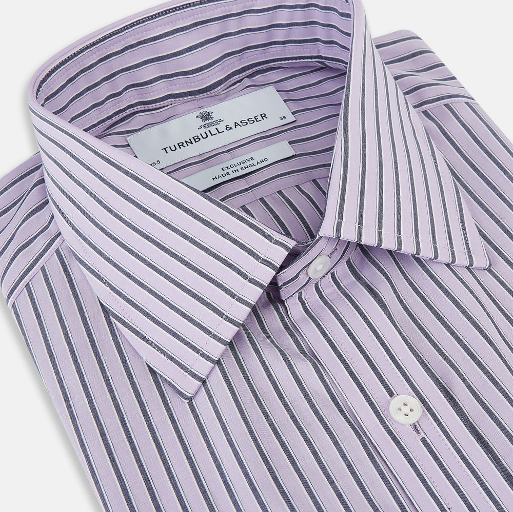 The Turnbull & Asser Lilac Ticking Stripe Mayfair Shirt in Italian cotton features long sleeves, a classic collar and cuffs, and is shown on a white background.