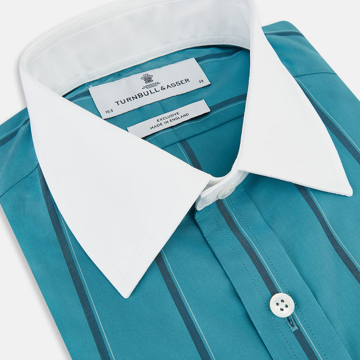 Turquoise Track Stripe Shirt with Contrast T&A Collar and Cuffs Image 1