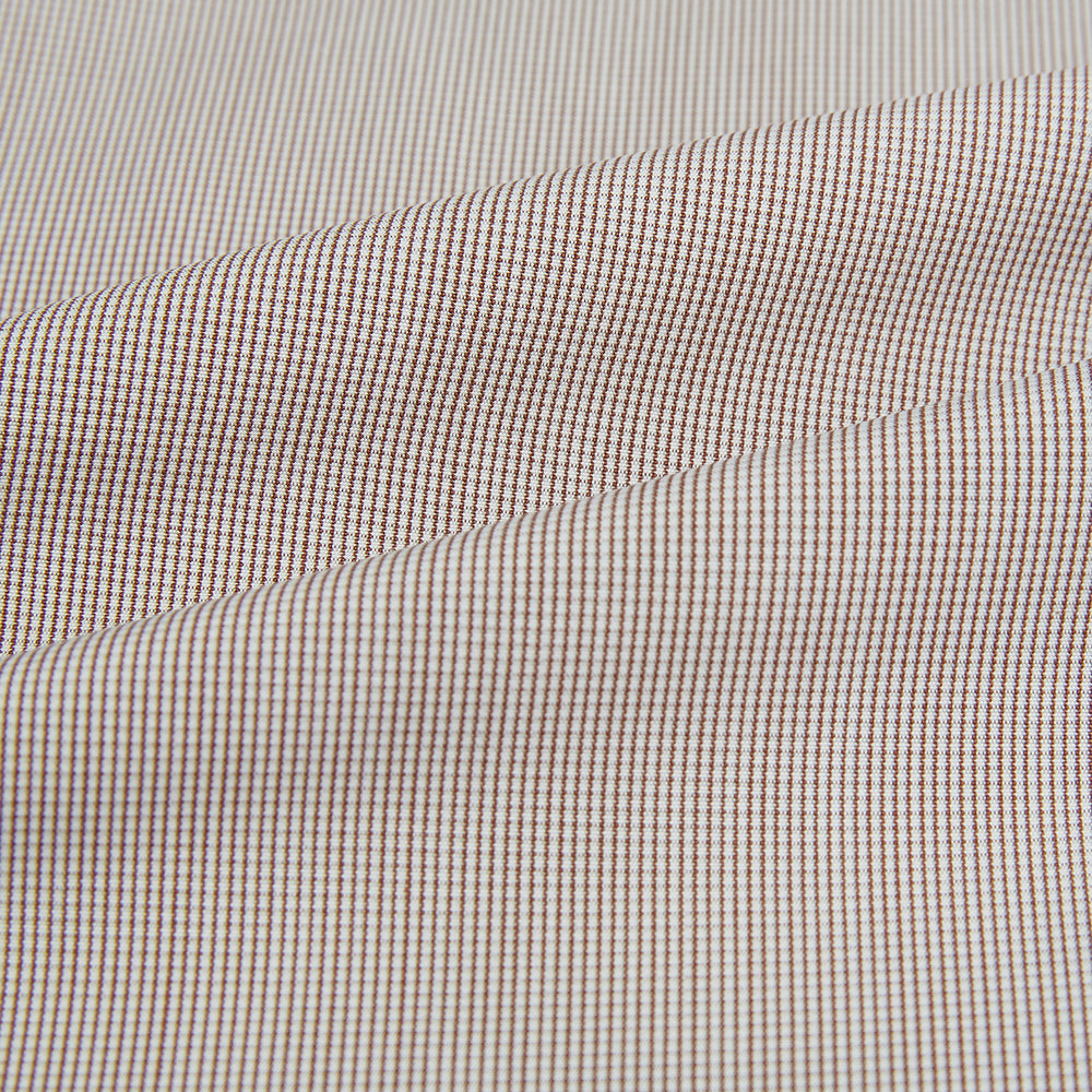 The Turnbull & Asser Brown Micro Graph Check Westminster shirt features long sleeves, a pointed collar, and buttoned cuffs—showcasing British craftsmanship and displayed flat on a white background.