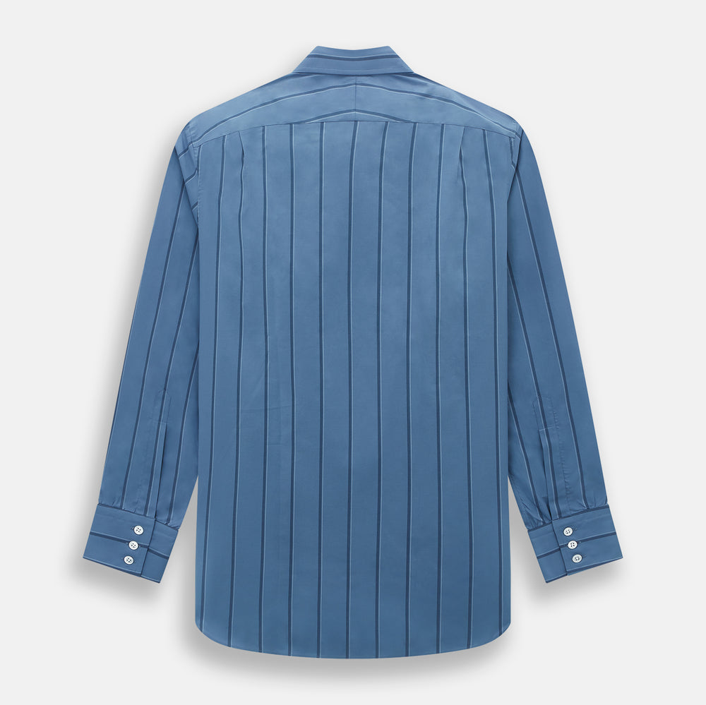 The Turnbull & Asser Steel Grey and Navy Track Stripe Mayfair Shirt features long sleeves, a collar, white buttons, and a relaxed fit, shown on a plain white background.
