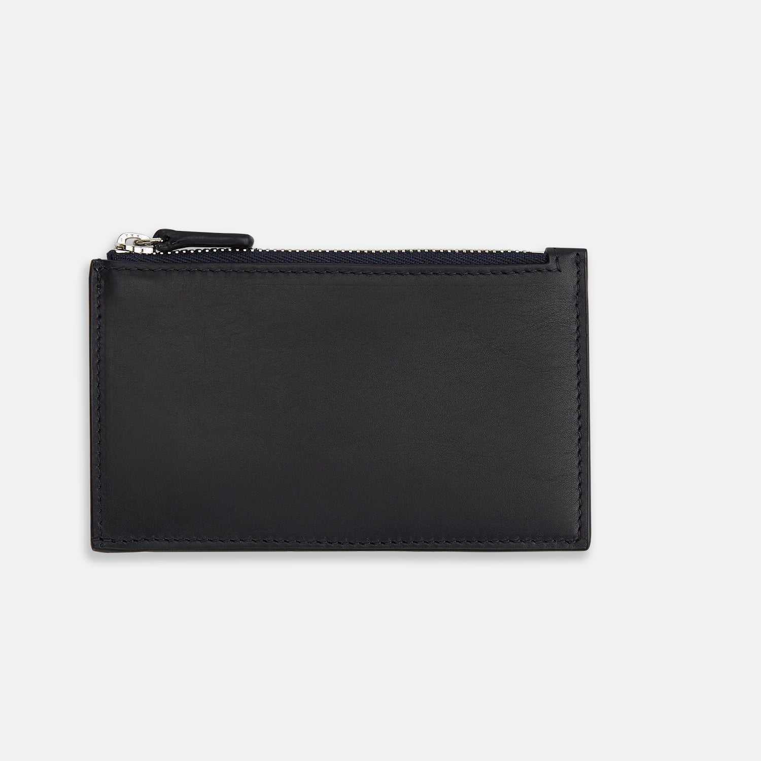 Image 3 of product A navy leather card holder by Turnbull & Asser, featuring four card slots, a zip coin pocket, and the brand name embossed in white on the lower left corner.
