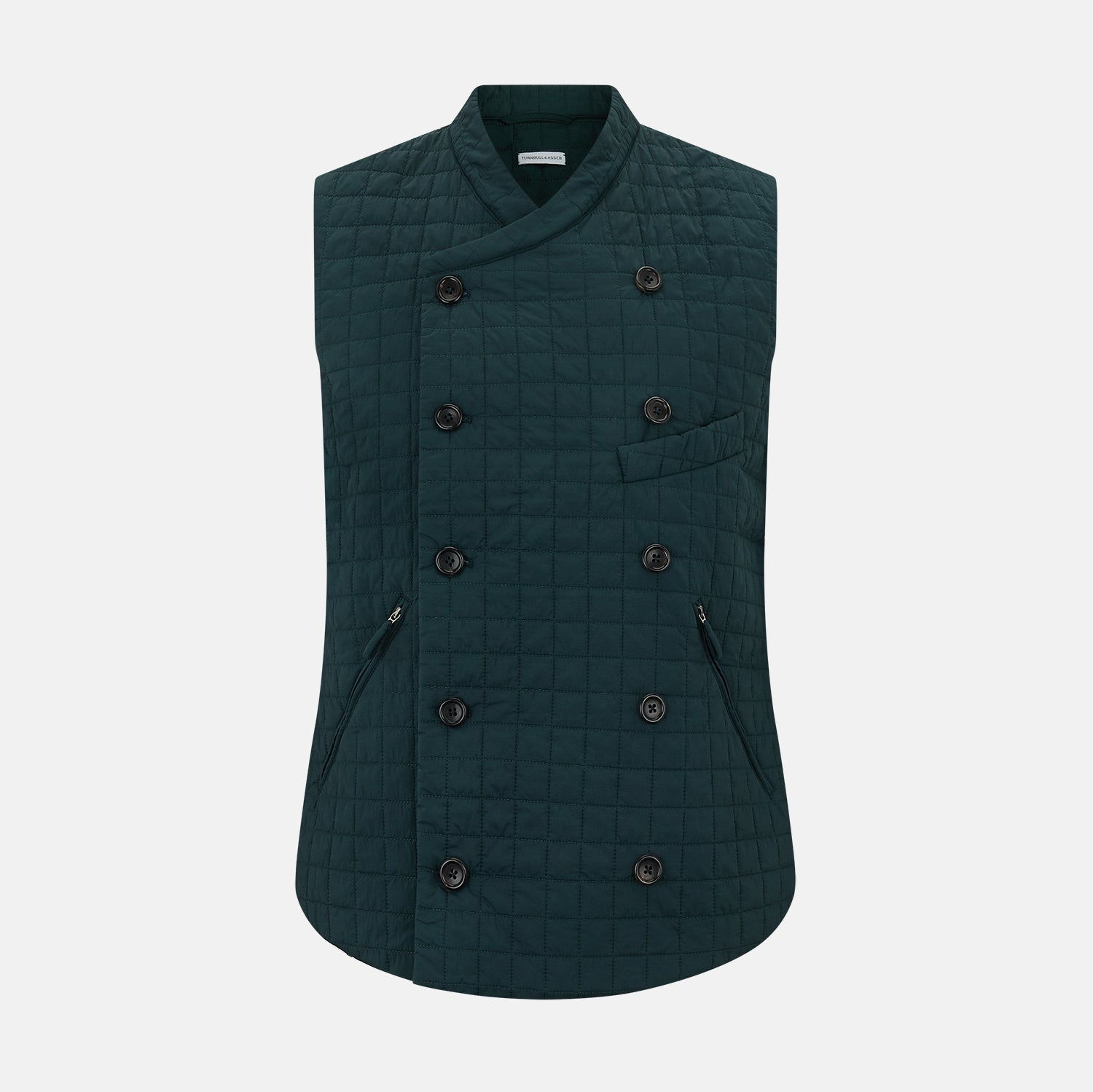 Image 1 of product The Turnbull & Asser Forest Green Double-Breasted Quilted Gilet features black buttons, a chest pocket, two zippered side pockets, and an overlapping collar—ideal for layered dressing against a plain white background.