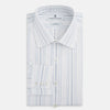 View 5 of product The Turnbull & Asser Pale Blue Multi Stripe Mayfair Shirt, featuring long sleeves, a classic collar, and buttoned cuffs, exemplifies British craftsmanship and is shown flat on a white background for a crisp look.
