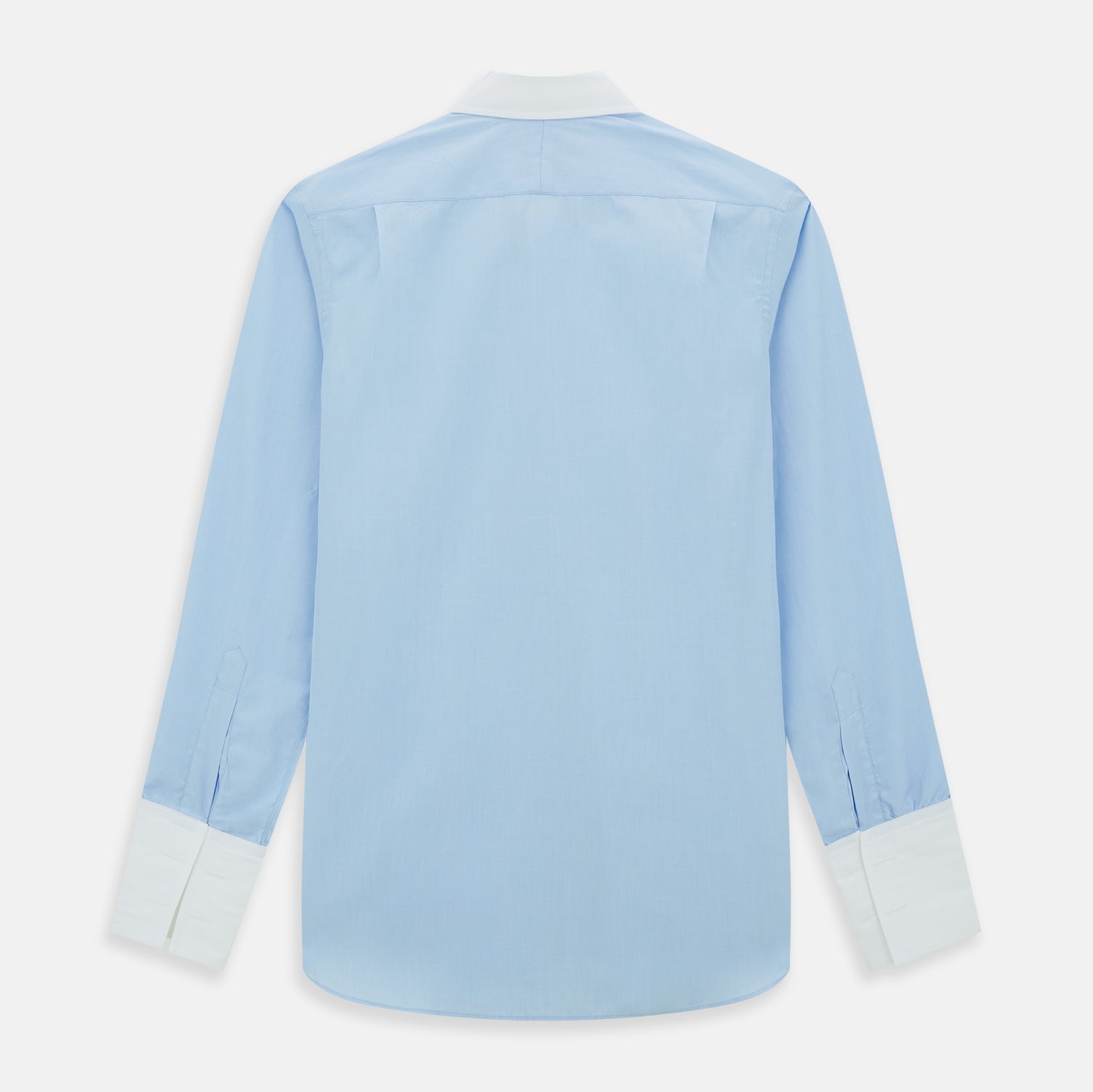 View 3 of product The Turnbull & Asser Light Blue End-on-End Shirt features a crisp white T&A contrast collar and double cuffs, shown flat on a white background.
