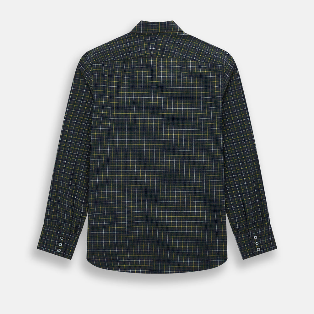 The Turnbull & Asser Navy and Khaki Tartan Windsor Shirt features a long-sleeve button-up design with a Windsor collar and buttoned cuffs, showcasing British craftsmanship in a classic tartan pattern.