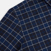 View 6 of product The Turnbull & Asser Navy and White Check Windsor Shirt features a long-sleeve design with a navy base and white check pattern, showcasing British craftsmanship and displayed on a white background.