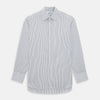 View 1 of product The Turnbull & Asser Brown and Blue Shadow Stripe Mayfair Shirt, featuring long sleeves, a pointed collar, and buttoned cuffs, is crafted from Italian fabric with vertical stripes and shown laid flat on a white background.