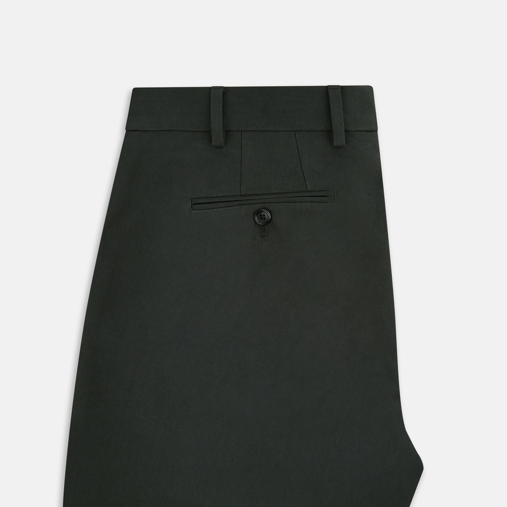 The Forest Green Henry B Trousers by Turnbull & Asser feature a minimalist straight-leg design in a wool/cashmere blend with belt loops and button closure, shown against a plain white background.
