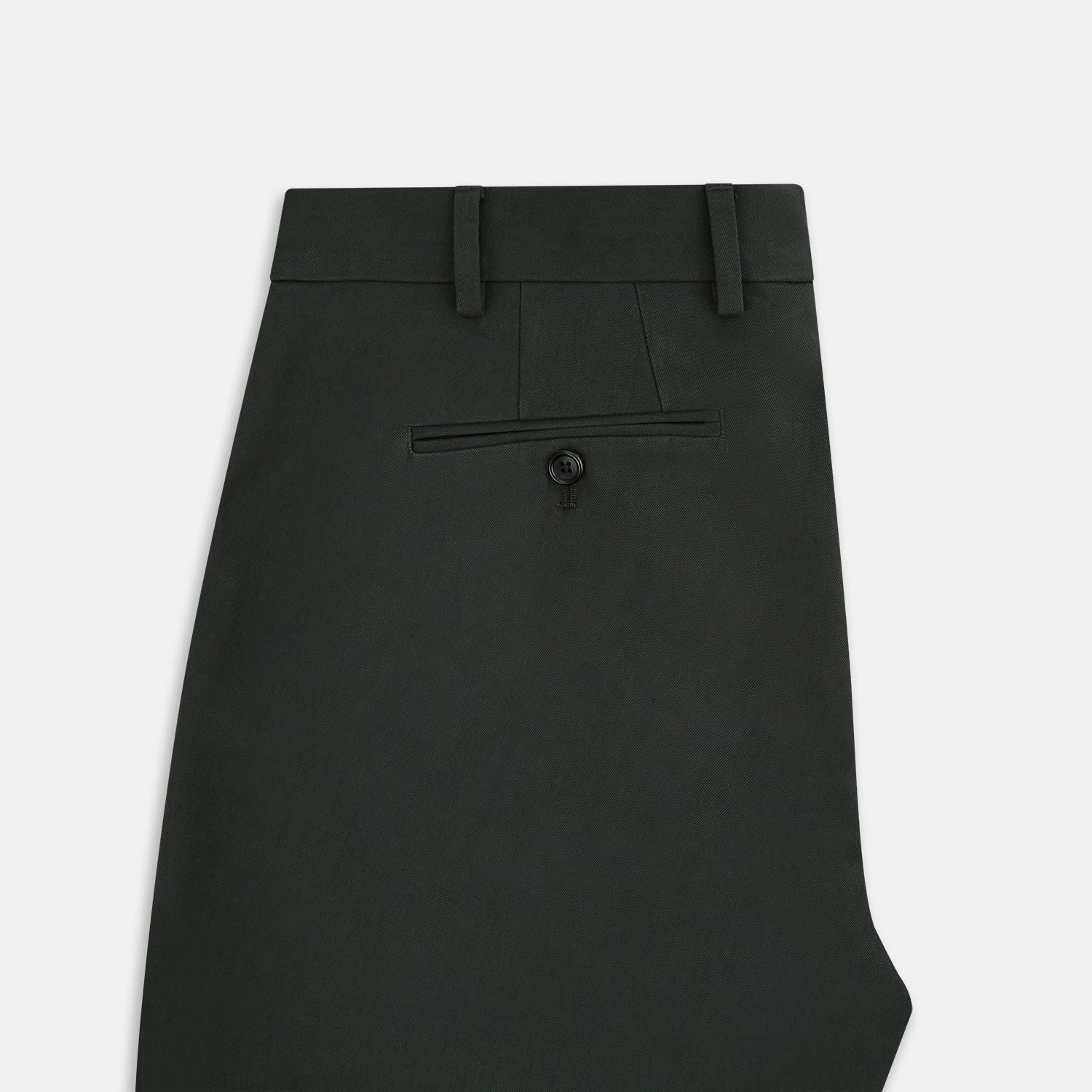 View 5 of product The Forest Green Henry B Trousers by Turnbull & Asser feature a minimalist straight-leg design in a wool/cashmere blend with belt loops and button closure, shown against a plain white background.