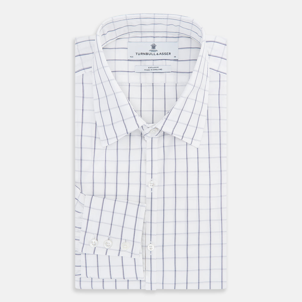 A Dark Navy Double-Line Checked Westminster Shirt by Turnbull & Asser, featuring button-down front, pointed collar, and buttoned cuffs—displaying British craftsmanship—laid flat on a white background.
