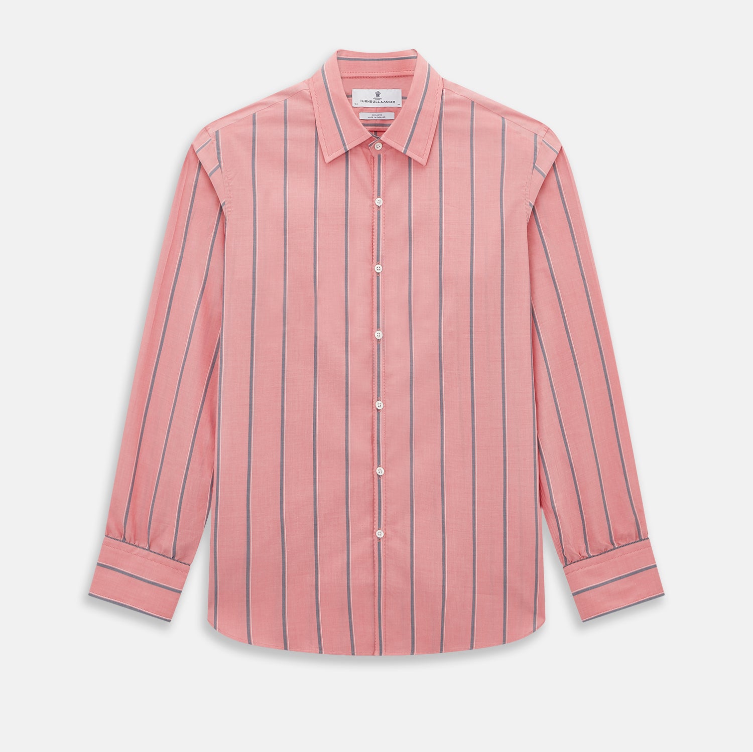 Image 1 of product The Coral Pink Track Stripe Westminster Shirt by Turnbull & Asser features vertical navy and white stripes, a tailored fit, pointed collar, and buttoned cuffs—is displayed laid flat on a white background.