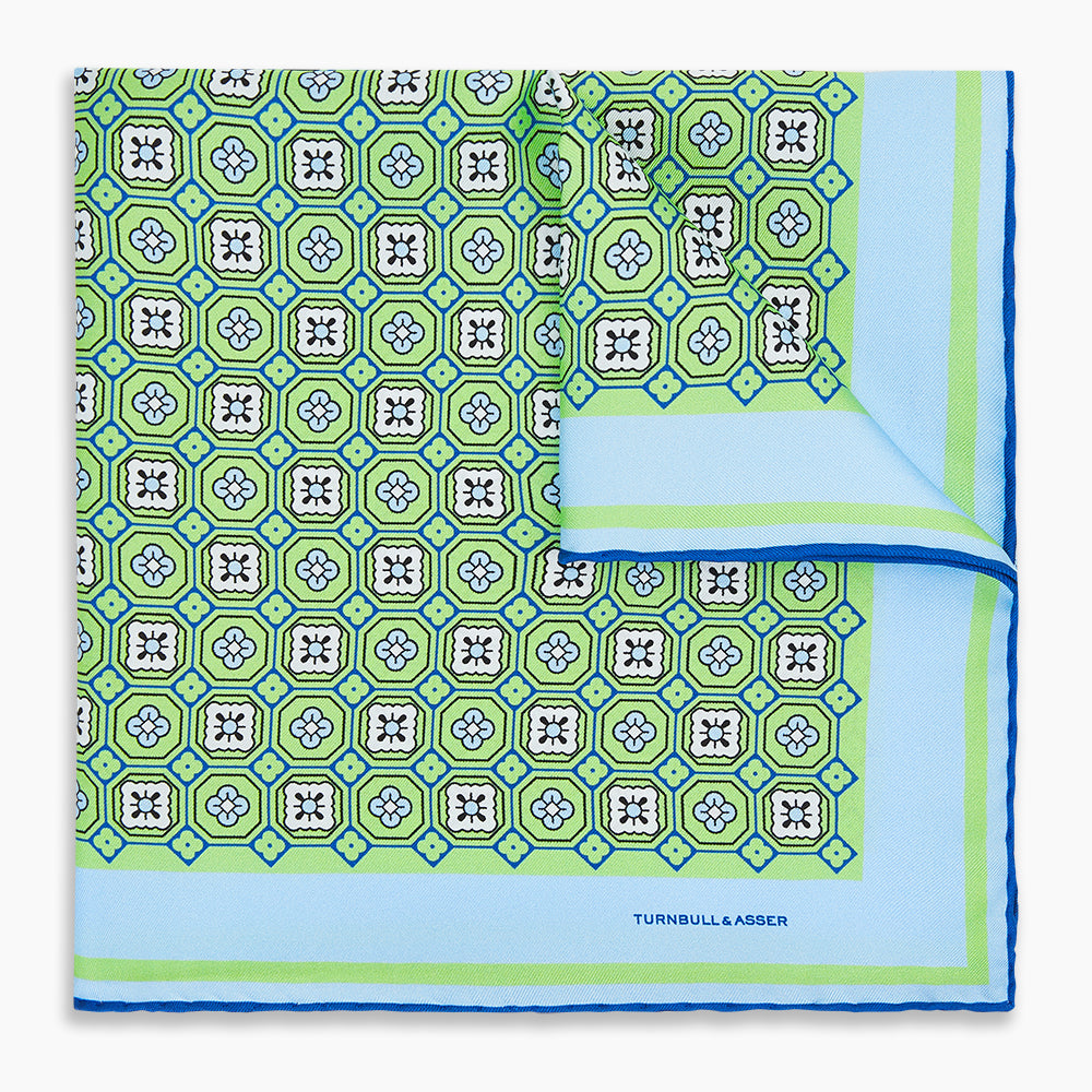 Fern Green Floral Tile Silk Pocket Square