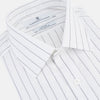 View 2 of product The Turnbull & Asser Navy Hairline Multi Stripe Mayfair Shirt, made from fine Italian cotton with navy stripes, a pointed collar, and buttoned cuffs, is shown laid flat on a plain white background.