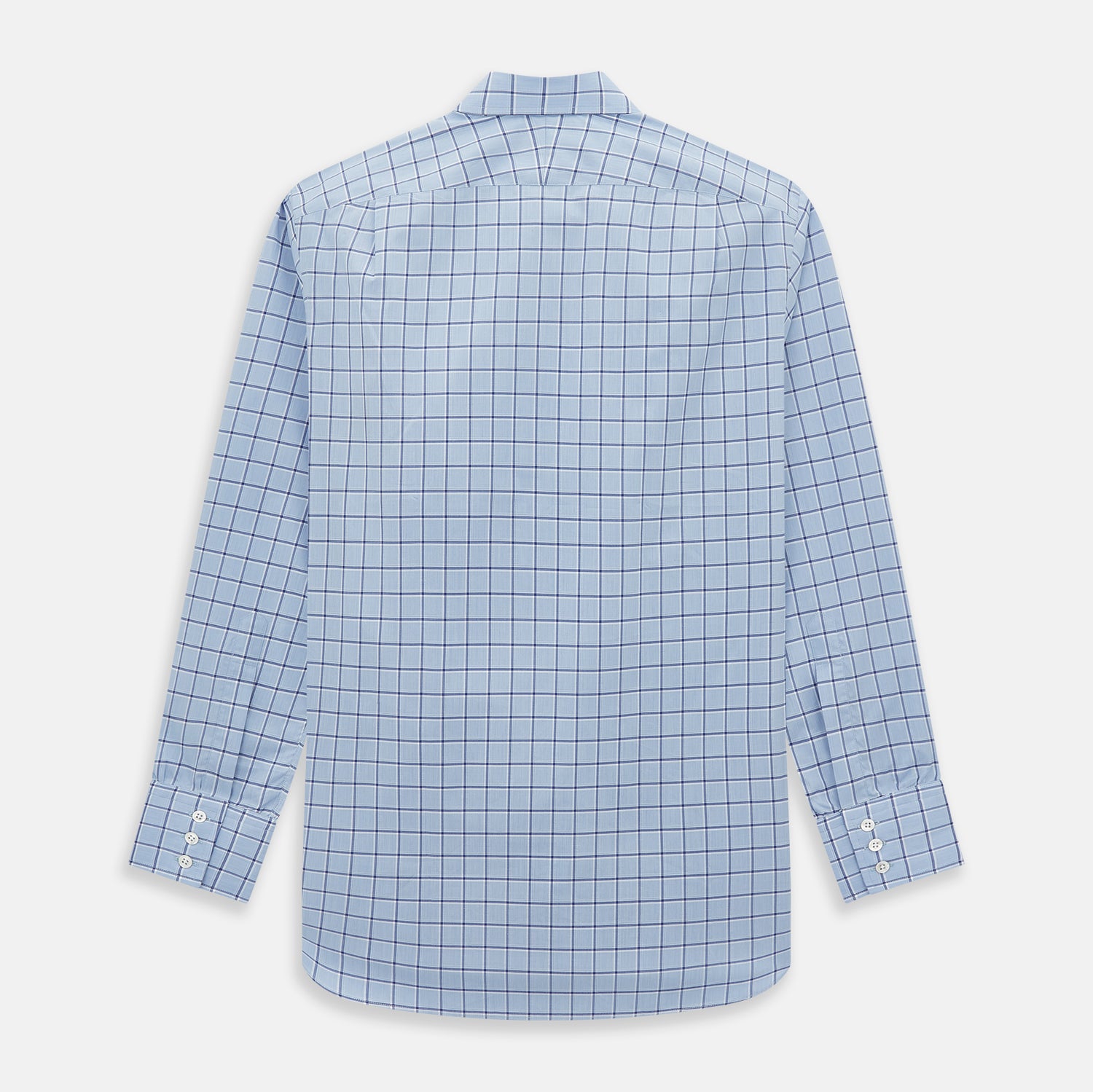 Image 3 of product The Turnbull & Asser Blue and Navy Windowpane Mayfair Shirt features long sleeves, a T&A collar, buttoned cuffs, and Italian cotton in a blue and navy windowpane pattern, shown on a plain white background.