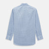 View 3 of product The Turnbull & Asser Blue and Navy Windowpane Mayfair Shirt features long sleeves, a T&A collar, buttoned cuffs, and Italian cotton in a blue and navy windowpane pattern, shown on a plain white background.