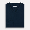 View 4 of product The Turnbull & Asser Dark Green Melange Cashmere V-neck Jumper features long sleeves, ribbed cuffs and hem—an essential piece of classic knitwear displayed on a white background.